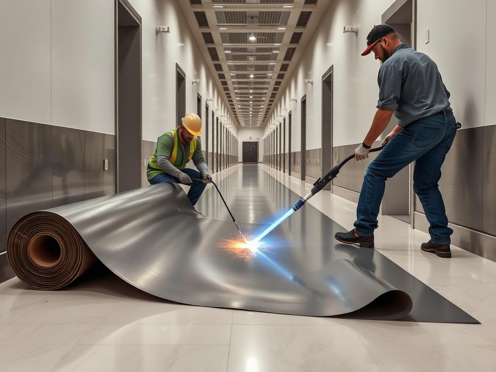 Vinyl Roll Flooring Installation in progress by Echelon Installers — professional installation crew at work